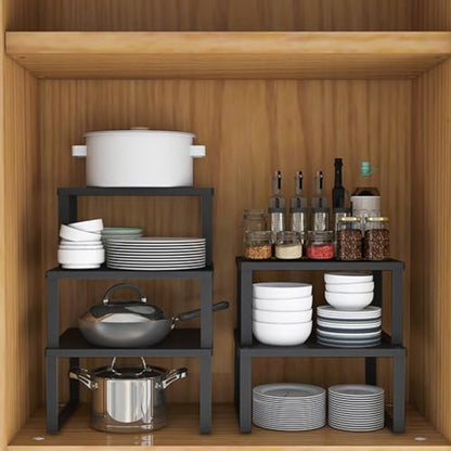 Stackable Cabinet Shelf Organizer Counter Storage Spice Rack Metal Space Saving for Kitchen Pantry Cupboard Countertop Bathroom Bedroom Under Sink Office, Black - Medium - size: Medium, Pack 1