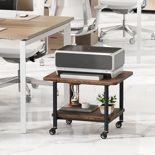GOFLAME Under Desk Printer Stand, 2-Tier Industrial Mobile Printer Table with Storage Shelf, Metal Frame, Rolling Printer Cart Holder Storage Rack with Lockable Wheels for Home Office, Brown - color: Brown