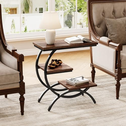 LITTLE TREE End Table, Narrow End Table with 3 Storage Shelves, Industrial C-Shaped Small Sofa Side Table for Living Room, Wood Slim Snack Table with Black Metal Frame, Rustic Brown - color: Rustic Brown