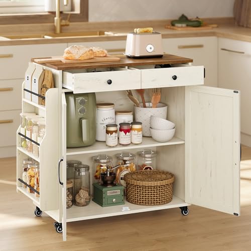 VASAGLE Mobile Kitchen Island, Portable Island with Spice Rack, Mobile Cart with Storage Cabinet, 17.7 x 36.5 x 36 Inches, for Dining Room, Rustic White and Honey Brown UKKI008W01 - color: Rustic White + Honey Brown, size: 17.7"d x 36.5"w x 36"h, style: W