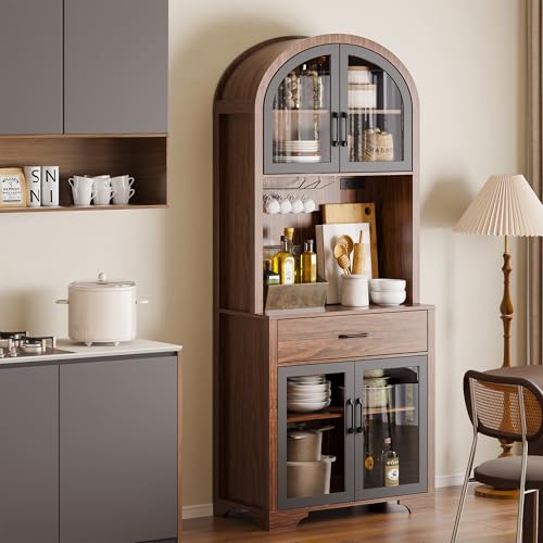 Tall Arched Pantry Cabinet, Kitchen Pantry Cabinet with Drawer and Charging Station, Tall Coffee Bar Cabinet with Storage, Dining Room Kitchen Hutch Storage Cabinet - color: Walnut