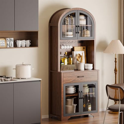 Tall Arched Pantry Cabinet, Kitchen Pantry Cabinet with Drawer and Charging Station, Tall Coffee Bar Cabinet with Storage, Dining Room Kitchen Hutch Storage Cabinet - color: Walnut