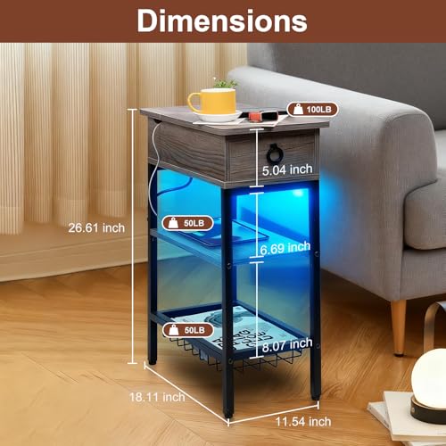 Small Grey Side Table Charging Station with LED Light, Narrow Grey Living Room End Tables with Storage, Skinny USB Nightstand with Outlet, Gaming Coffee Table for Couch with USB Ports - color: Elegent Grey With Light, style: Modern