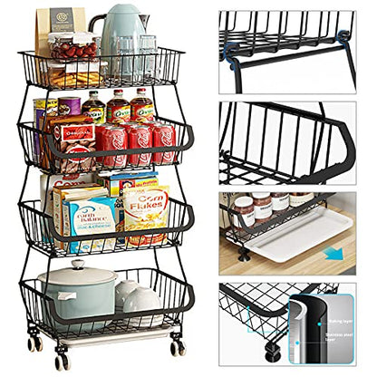 Metal Wire Baskets with Wheels, Stackable Storage Bins Kitchen Organizer Shelf 3-4-5-6 Tier Fruit Vegetable Cart Dishes Seasonal Rack Shelves for Garage, Pantry, Bathroom - size: 6 Tier without Slide Drawer