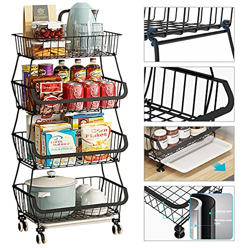 Metal Wire Baskets with Wheels, Stackable Storage Bins Kitchen Organizer Shelf 3-4-5-6 Tier Fruit Vegetable Cart Dishes Seasonal Rack Shelves for Garage, Pantry, Bathroom - size: 4 Tier without Slide Drawer