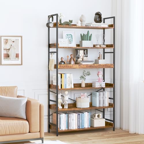 HCHQHS Bookshelf, Adjustable Industrial Bookcase, Vertical Tall Book Shelf, Wood and Black Metal Open Bookshelves for Home Office, Living Room, Bedroom (Rustic Brown, 6-Tier (31" W x 70" H)) - color: Rustic Brown, size: 6-Tier (31"W x 70"H)