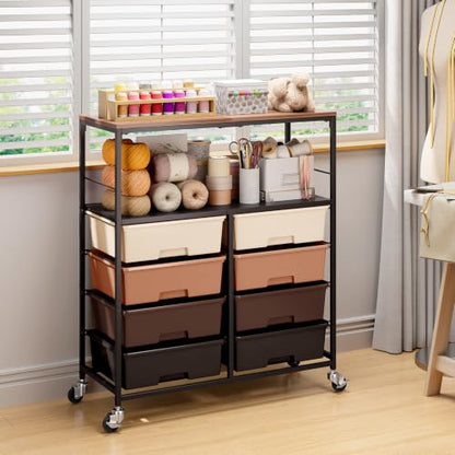 Rolling cart with 8 drawers,Storage drawer cart with wooden tabletop,Lockable wheels organizer for homeschool, arts & crafts, classroom, office & creative spaces (Brown) - color: Brown