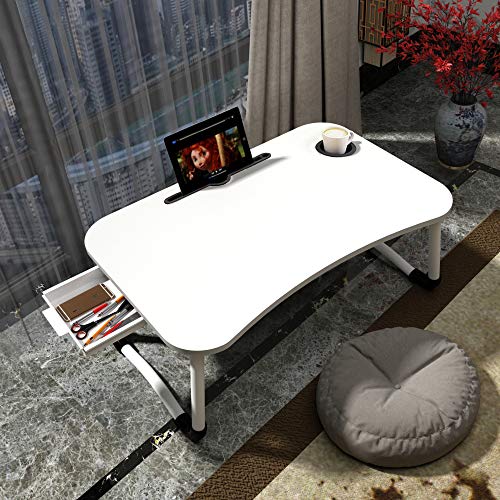 23.6'' Ergonomic Lap Desk with Storage Drawer & Cup Holder, Foldable Laptop Bed Table for Home Office, Gaming, Writing, Breakfast - Lightweight, Portable, Fits 18'' Laptops (White) - color: White, size: 23.6"