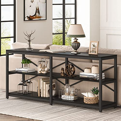 Tribesigns 70.9 Inch Extra Long Console Table, Modern Sofa Table Behind Couch Table with Storage Shelves, 3-Tier Industrial Hallway Entryway Table for Living Room, 3 Shelf Bookshelf(Black) - color: Black