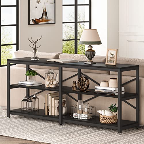 Tribesigns 70.9 Inch Extra Long Console Table, Modern Sofa Table Behind Couch Table with Storage Shelves, 3-Tier Industrial Hallway Entryway Table for Living Room, 3 Shelf Bookshelf(Black) - color: Black