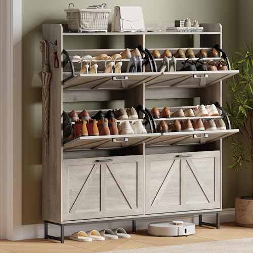 Xixini Shoe Storage Cabinet with 6 Flip Drawers, Entryway Shoe Rack, Grey | Narrow Slim Shoe Storage, Freestanding Hidden Wood Shoe Organizer, Modern Farmhouse, Open Storage & Hooks for Closet, Hallway - color: Grey, size: 6 Flip Drawers