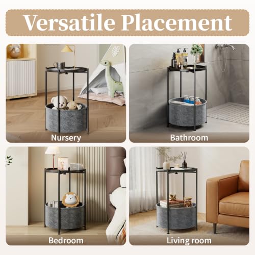 Small Round Side Table with Felt Storage Basket and Removable Tray | Accent Table, Metal End Table with Adjustable Feet, Side Table for Nursery, Bedroom, Living Room, Laundry Room, Black - color: Black