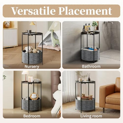 Small Round Side Table with Felt Storage Basket and Removable Tray | Accent Table, Metal End Table with Adjustable Feet, Side Table for Nursery, Bedroom, Living Room, Laundry Room, Black - color: Black