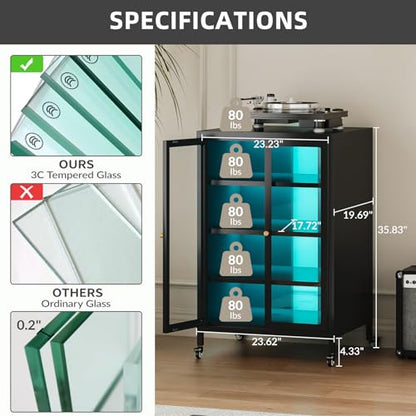 Metal Media Cabinet with 13-Color LED Lights & Swivel Wheels, 4-Tier Stereo Cabinet with Glass Doors, Adjustable Shelves AV Rack with Cable Management, Black - color: Black, style: Swivel Wheels + RGB Lights