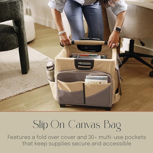 Folding Mobile Utility Cart, Canvas Organizer Bag, Chocolate/Sand | Durable plastic, 30 compartments, adjustable handle, 40 lb capacity, collapses to 3" thick, rolling wheels for easy transport - color: Chocolate/Sand