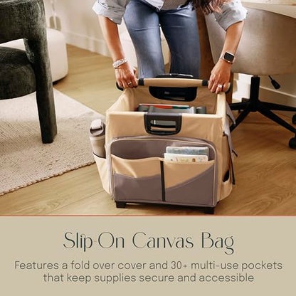Folding Mobile Utility Cart, Canvas Organizer Bag, Chocolate/Sand | Durable plastic, 30 compartments, adjustable handle, 40 lb capacity, collapses to 3" thick, rolling wheels for easy transport - color: Chocolate/Sand