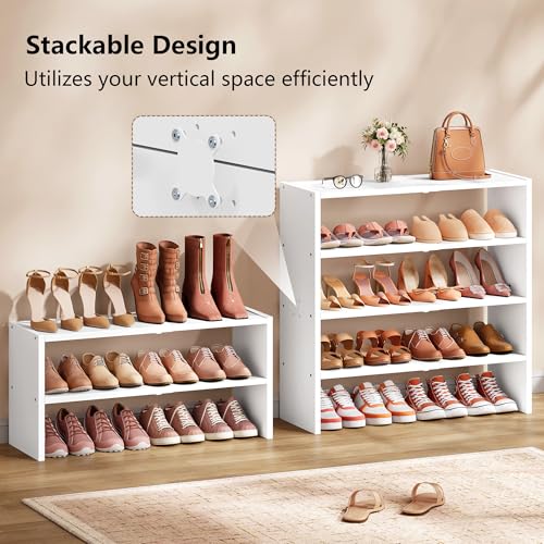 Hoctieon 2 Pack Expandable Shoe Shelf, 2-Tier Adjustable Shoe Shelf Storage Organizer, Stackable Iron Wood Combination Free Standing Shoe Rack for Entryway, Closet, Doorway, White - size: 2 Pack(4-Tier)