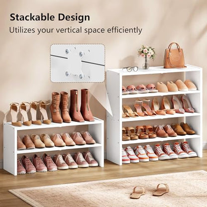 Hoctieon 2 Pack Expandable Shoe Shelf, 2-Tier Adjustable Shoe Shelf Storage Organizer, Stackable Iron Wood Combination Free Standing Shoe Rack for Entryway, Closet, Doorway, White - size: 2 Pack(4-Tier)
