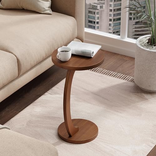 COZAYH C Shaped Round End Table for Couch Small Place, Space Saver Side Table for Sofa, Living Room, Bedside Area, Coffee and Eating Snack Tray, Walnut Color - color: Walnut