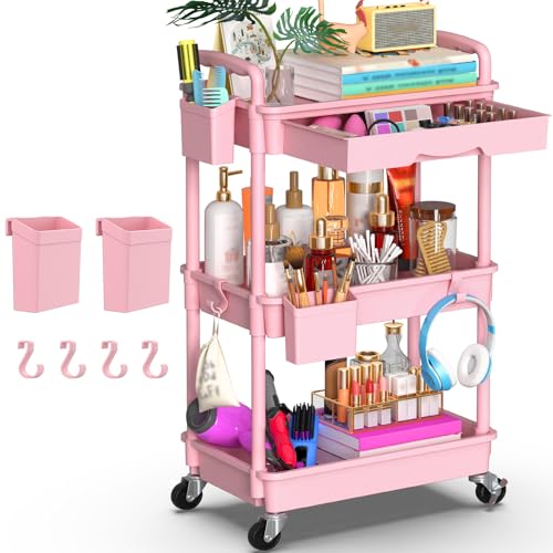 Goovilla 3 Tier Rolling Utility Cart Organizer with Removable Drawer, Stable and Sturdy Pink Rolling Storage Carts with 2 Lockable Wheels for Bathroom, Kitchen, Snack, Craft, Makeup, Baby Essentials - size: 3 Tier, style: Pink