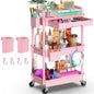 Goovilla 3 Tier Rolling Utility Cart Organizer with Removable Drawer, Stable and Sturdy Pink Rolling Storage Carts with 2 Lockable Wheels for Bathroom, Kitchen, Snack, Craft, Makeup, Baby Essentials - size: 3 Tier, style: Pink
