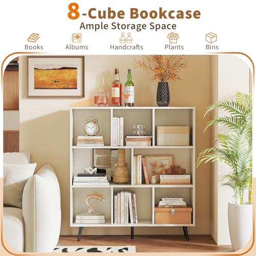 Tangkula 8-Cube Bookcase, Modern Storage Bookshelf with 5 Tapered Metal Legs & 2 Anti-Tip Kit, Freestanding Display Rack for Living Room, Study Room (8-Cube,White) - size: Standard 8-Cube