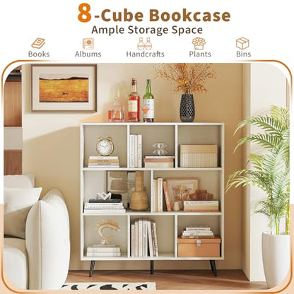 Tangkula 8-Cube Bookcase, Modern Storage Bookshelf with 5 Tapered Metal Legs & 2 Anti-Tip Kit, Freestanding Display Rack for Living Room, Study Room (8-Cube,White) - size: Standard 8-Cube
