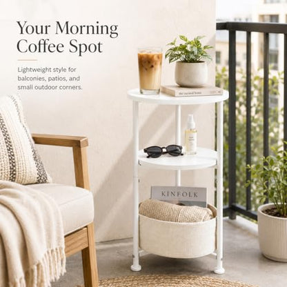Small Round Side Table with Storage Basket, 3-Tier Narrow End Table Nightstand for Living Room Bedroom, 11.8" Diameter Modern Bedside Table for Small Spaces, Wood Grain & Metal Frame (White) - color: White