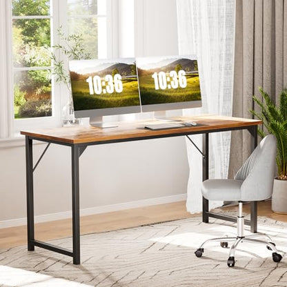 Sweetcrispy Small Computer Desk, 55" Office Writing Desk with Metal Frame & Wooden Tabletop, X-Shaped Reinforcement, Student Study Home Bedroom Table, Brown - color: Rustic Brown, size: 55-Inch