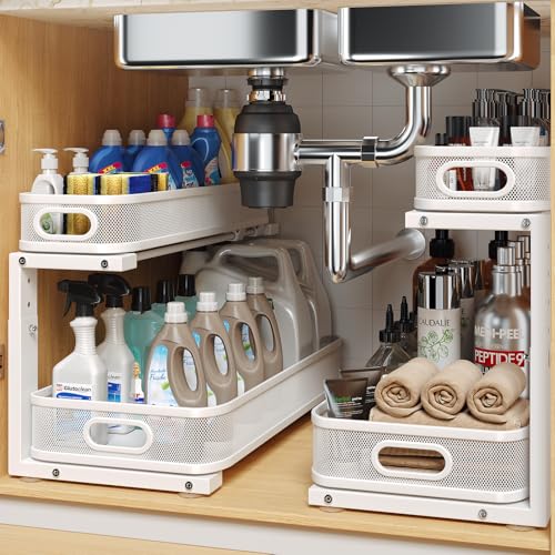 2 Pack 19.3IN-Depth Under Sink Organizer with Smooth Cylindrical Rail,2-Tier Pull Out Multi-Purpose Cabinet Storage for Bathroom&Kitchen,Height Adjustable,Rust-Resistant Coating-White - color: White, size: 2 Pack-19.3"Dx11"-16.14"H
