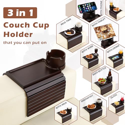 GHKINMAL Couch Cup Holder Tray, 3 in 1 Large Couch Arm Trays,Bamboo Chair Clip on Tray with 360° Ratated Phone Cup Holder for Couch,Snacks,Remote,Phone-Black Walnut - color: Black Walnut