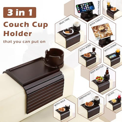 GHKINMAL Couch Cup Holder Tray, 3 in 1 Large Couch Arm Trays,Bamboo Chair Clip on Tray with 360° Ratated Phone Cup Holder for Couch,Snacks,Remote,Phone-Black Walnut - color: Black Walnut