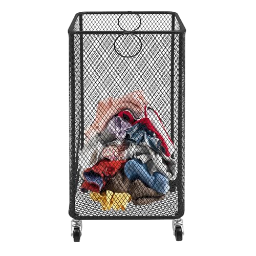 Rolling Laundry Basket, Large Capacity Metal Laundry Hamper with Wheels, Heavy Duty Iron Mesh Hamper Cart for Home Bathroom Bedroom Laundry Room (Black, Square) - color: Black, size: Square