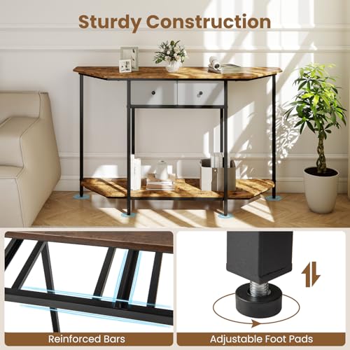 GOFLAME Entryway Table with 2 Fabric Drawers, 51“ Narrow Sofa Table with Open Storage Shelf, Heavy-Duty Frame, Industrial Half Moon Console Table for Living Room, Hallway, Rustic Brown