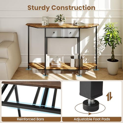 GOFLAME Entryway Table with 2 Fabric Drawers, 51“ Narrow Sofa Table with Open Storage Shelf, Heavy-Duty Frame, Industrial Half Moon Console Table for Living Room, Hallway, Rustic Brown