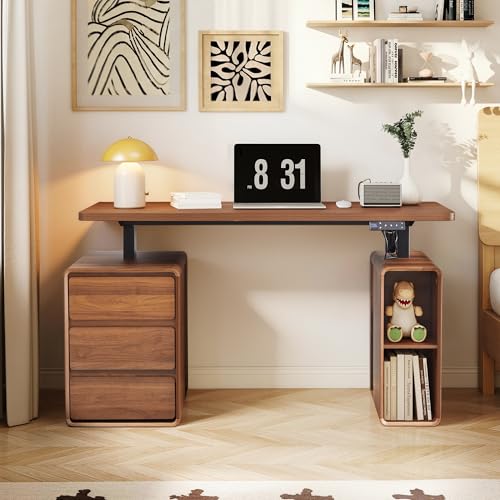Electric Standing Desk with Drawers, 55" Office Desk Height Adjustable Executive Desk with Storage Shelves, Simple Setup Wood Desk Home Office Stand up Desk for Work, Study, Writing, Walnut - color: Walnut