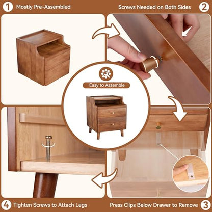 Nightstand Set of 2, Pre-Assembled, 19.7“H Solid Wood Night Stand with 2 Drawers, Open Sliding Shelf, Mid Century Modern Small Bedside Table for Bedroom, Walnut 16" - color: Walnut-2pack, size: 16"