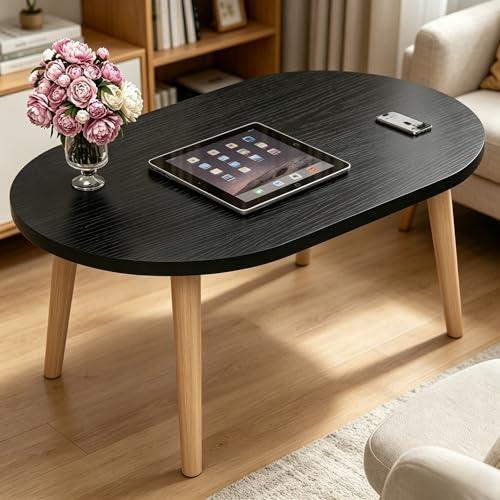 FAMIDGE Coffee Table, 23.6" Small Oval Coffee Tables for Small Space with 4 Solid Wood Leg, Floor Table Desk for Sitting on The Floor, Side Table Japanese Low Table for Living Room Apartment, Black - color: 23.6"l Oval Black