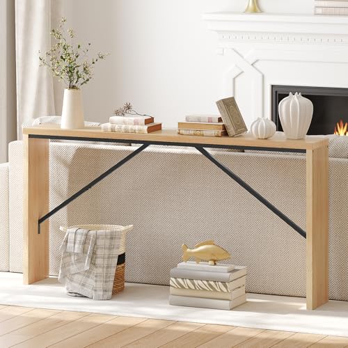 MAHANCRIS Console Table, 62.2" Long Sofa Table Behind Couch, Narrow Entryway Table, Farmhouse Dining Table with Angled Metal Frame, Industrial Console Table for Entryway, Natural CTNB15801 - color: Natural, size: 62.2"L x 9.1"W x 31.5"H