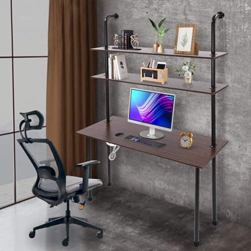 2-Shelf Industrial Wall Mount Ladder，Wall Mount Computer Desk Writing Desk,Industrial Bookcase Desk with Shelves，Floating Desk with Storage, Wall Table for Home Office, Brown (47.2"×20"×79") - color: Black/ Brown (47"w)