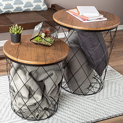 Lavish Home End Tables - Round Nesting Tables Set of 2, Brown Woodgrain | 17.5”/15.5” Side Tables with Removable Wood Tops & Metal Basket Bases for Blanket Storage, Living Room, Bedroom & Home Office - color: Black Diamond