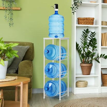 OYEAL 5 Gallon Water Bottle Jug Holder 3-Tier Water Bottle Holder Organizer with Top Shelf, Heavy Duty Water Dispenser Stand Rack for Kitchen Living Room Office, White - style: Round Tube White
