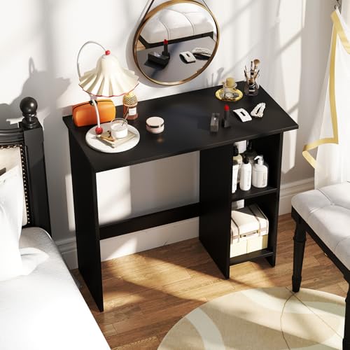 Giantex Small Desk, Compact Study Writing Desk with 3-Position Adjustable Shelf, Anti-Toppling Kit, Modern PC Laptop Table, Home Office Computer Workstation for Small Space Bedroom Dorm, Black - color: Black