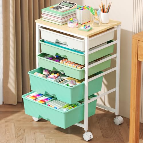 Goovilla Rolling Cart with Drawers, Utility Cart Organizer With 5 Removable Drawers and Wooden Tabletop, Lockable Rolling Storage Organizer for Art, Classroom, Home, Dorm, Office, Craft Storage, Green - size: Green