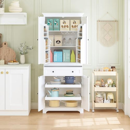 Spirich 71-Inch Tall Kitchen Pantry Cabinet with 2 Slide-Out Racks, White | Large Center Drawer, 6 Built-In Door Shelves, Stemware Rack, 1 Adjustable Shelf, Water-Based Finish, FSC-Certified Wood