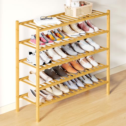 Smiry Bamboo Shoe Rack for Closet, 5 Tier Long Wooden Shoe Organizer, Stackable Wood Shoe Storage Shelf for Entryway, 14 Vertical Slats, 2+3 Stack Heavy-Duty Legs, 33.86"x11.02"x31.3", Natural - color: Natural, size: 5 Tier - Long