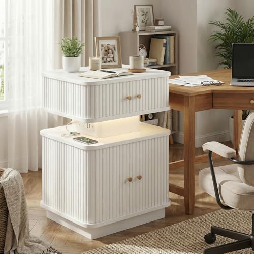 Night Stand, LED Nightstand, Modern Nightstand with Charging Station, Night Stand with 2 Drawers and Sliding Door, Curvy Edge, Small Bedside Table for Bedroom, White - color: White