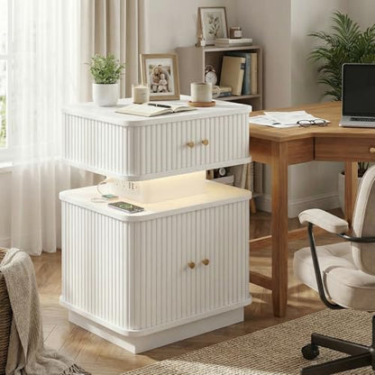 Night Stand, LED Nightstand, Modern Nightstand with Charging Station, Night Stand with 2 Drawers and Sliding Door, Curvy Edge, Small Bedside Table for Bedroom, White - color: White