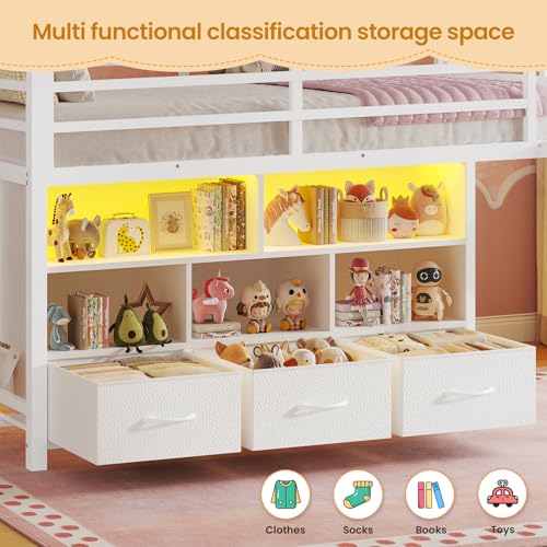 BTHFST Low Loft Bed Twin Size with 3 Storage Drawers, 3-Tier Kids Bookshelf, 5 Open Cubbies and 2 LED Lights Strips, Metal Kids Loft Bed with High Safety Guardrail, Inclined Ladder and Play Area - color: White