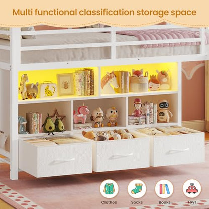 BTHFST Low Loft Bed Twin Size with 3 Storage Drawers, 3-Tier Kids Bookshelf, 5 Open Cubbies and 2 LED Lights Strips, Metal Kids Loft Bed with High Safety Guardrail, Inclined Ladder and Play Area - color: White